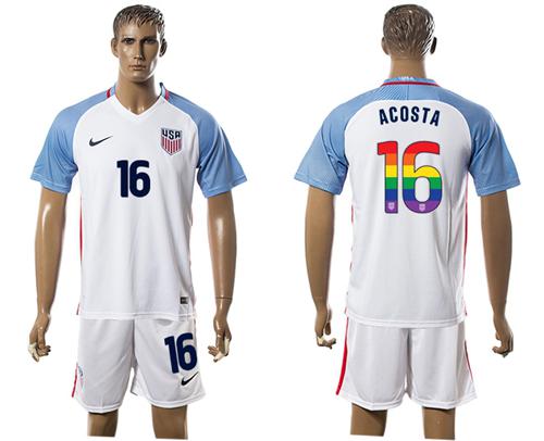 USA #16 Acosta White Rainbow Soccer Country Jersey - Click Image to Close